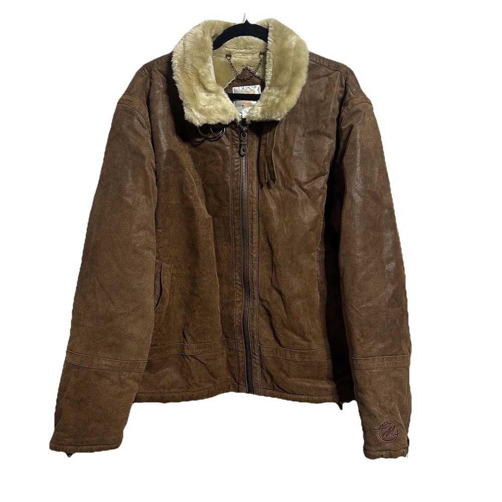 Ameri Mode Womens Leather Jacket Brown‎ Faux Fur Lining Full Zip Size XL